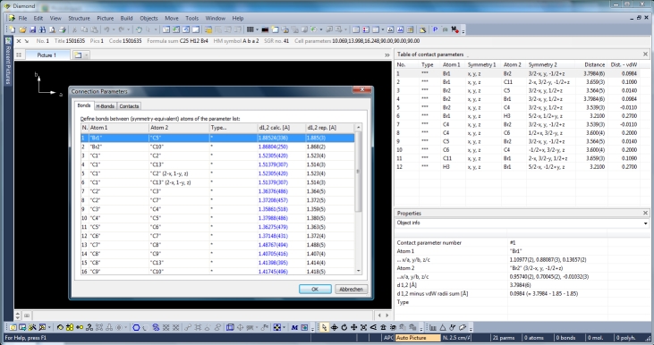 Screenshot of COD:1501635
                        with table of contact parameters and 'Connection Parameters' dialog open