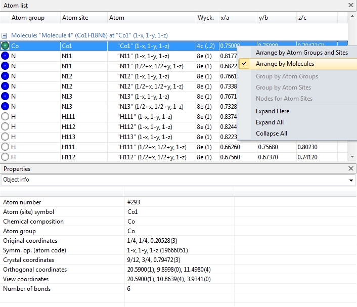 Screenshot of COD:1500005 with Atom list arranged by molecules and Properties of "Co1"