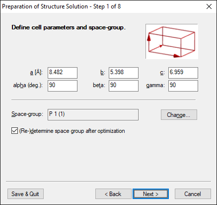 Step 1 of 8: Define cell parameters and space-group