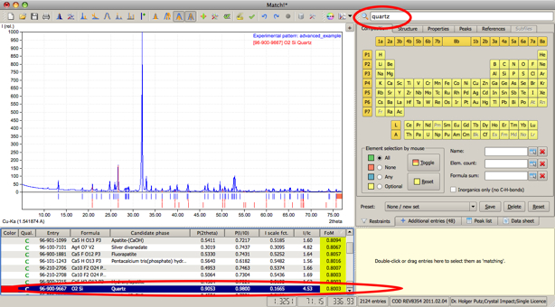 Screen shot after searching for the phase/entry 'quartz'.