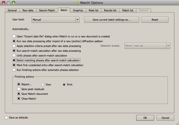 The 'Batch' page of the 'Options' dialog offers a large variety of settings to finetune the automatic data processing.